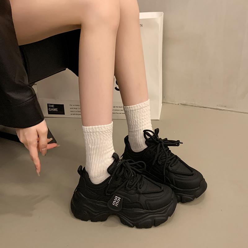 2025 High Platform Sneakers Women Leather Dad Shoes Women Black Chunky Sneakers Thick Sole Shoes Fashion Height Increasing Shoes
