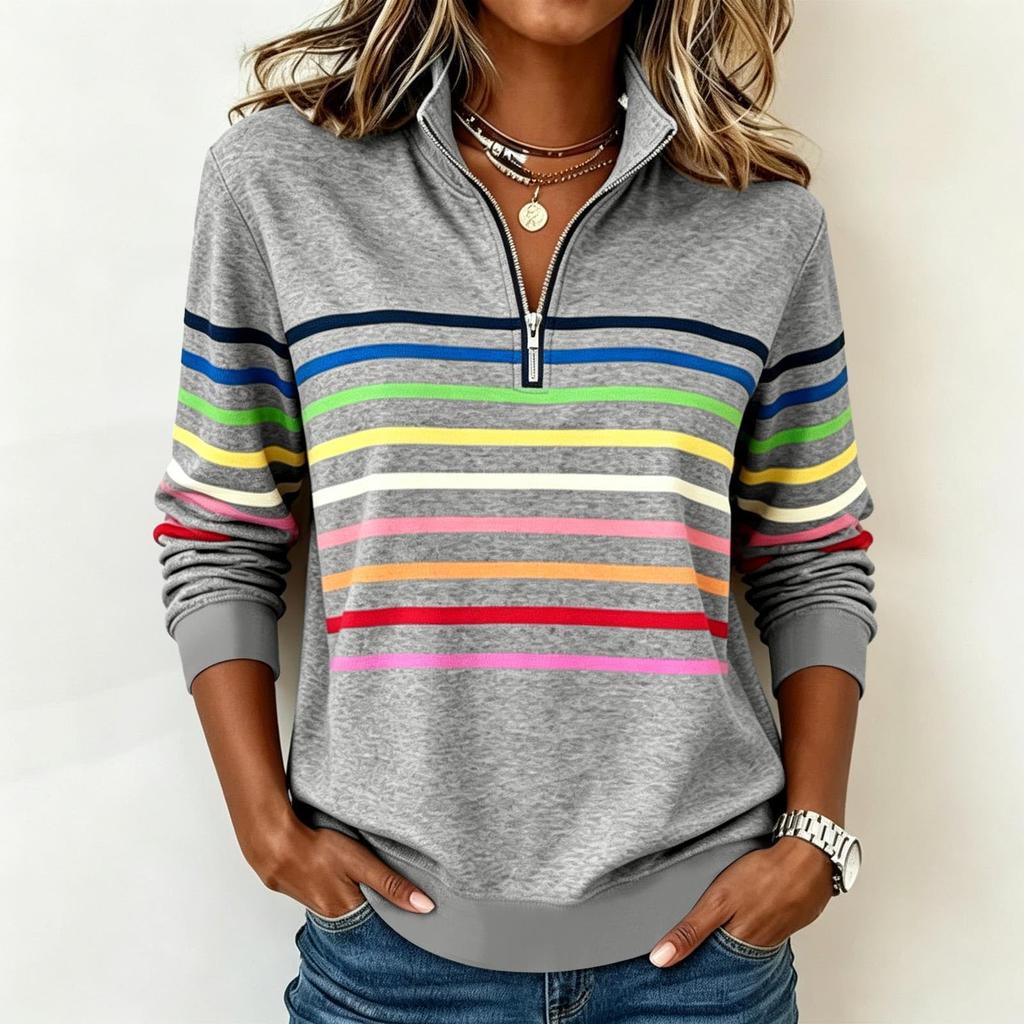 Damen Gestreiftes Reißverschluss-Vorderteil Reverskragen Langarm Sweatshirt Lässiger Pullover