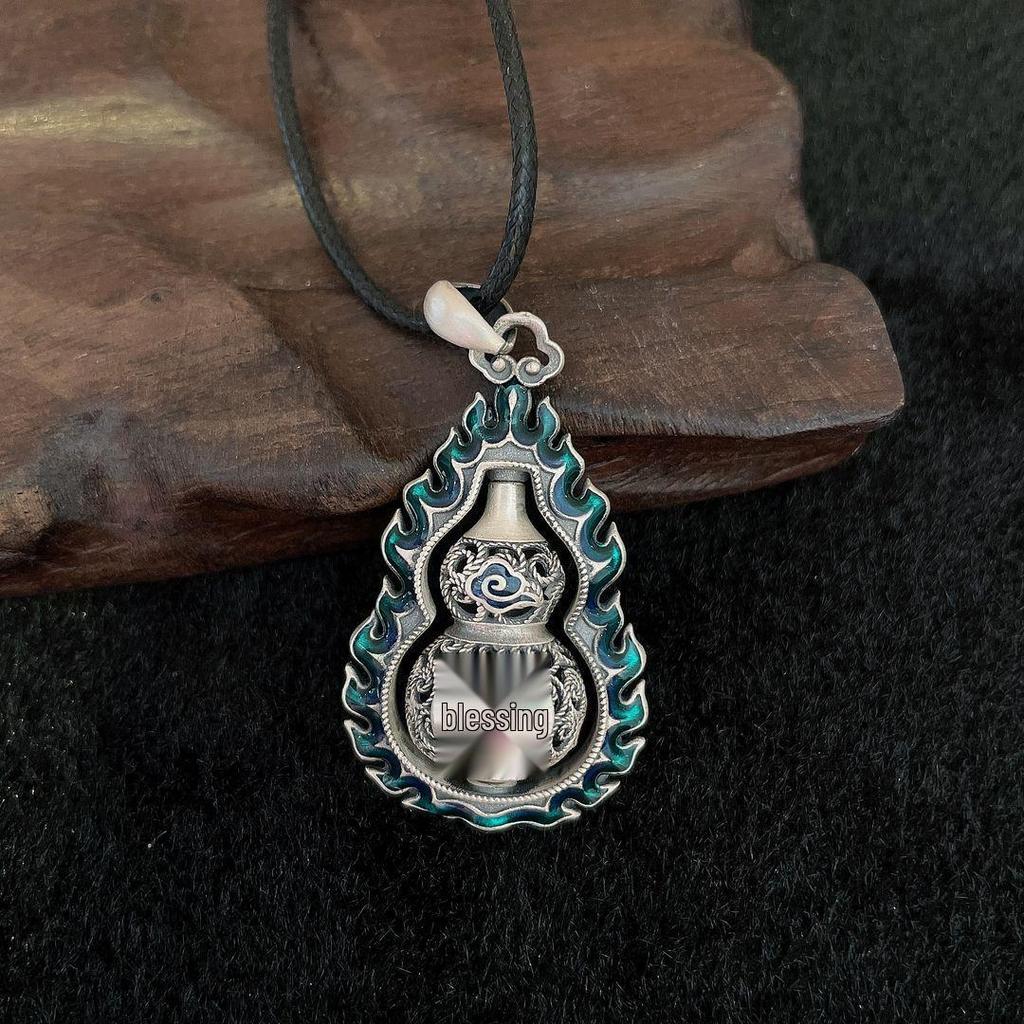 Retro Ethnic Style Women's Sterling Silver 999 Fu Character Enamel Filigree Pendant Necklace