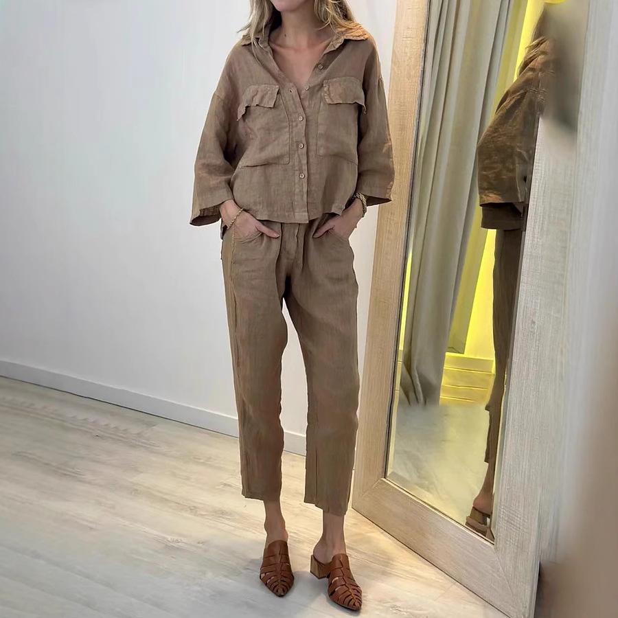 Summer New Women's Two-piece Shirt Set High-waisted Loose Nine-inch Pants
