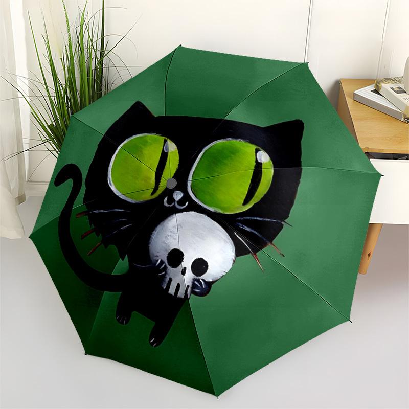 1PC Halloween Cat Spooky Kitten Automatic Windproof Umbrella 8 Rib Portable Folding Black Iron Frame for Outdoor, Beach, Travel, Beach Umbrella,S47