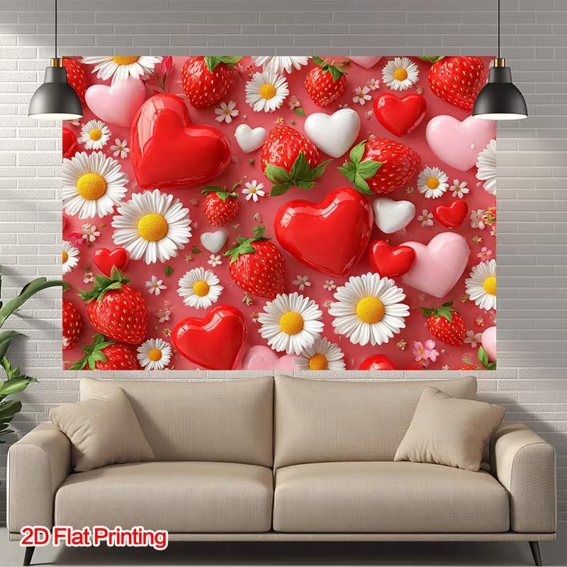 Romantic Strawberry, Heart and Daisy Backdrop Pink Themed Background Cloth for Birthday and Party