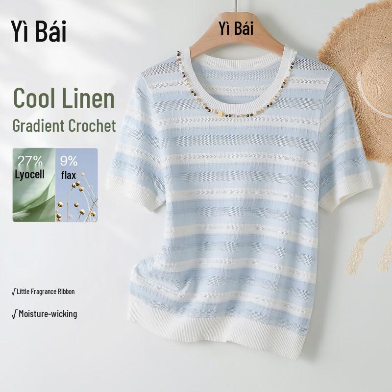 Women s Striped Linen Blend Short Sleeve Knit Tee M