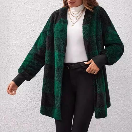 Winter Sweater Coat Plaid Print Hooded Thick Windproof Open Stitch Cardigan Outerwear Mid Length Fuzzy Plush Jacket for School Travel