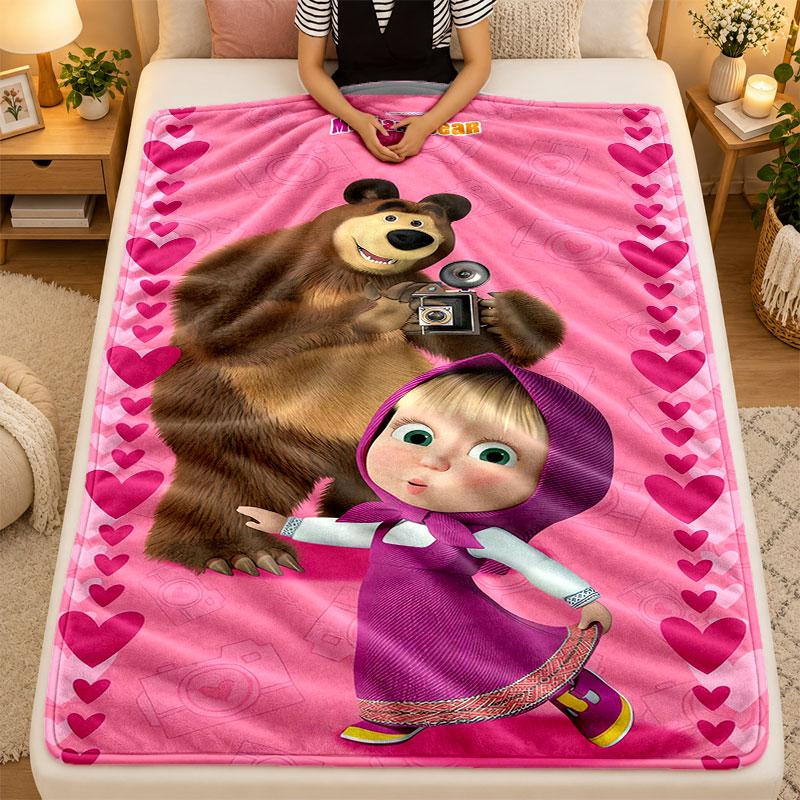 Flannel BlanketMasha and the Bear Warm Soft Throw Blanket for Indoor Sofa Bed Living Room Use
