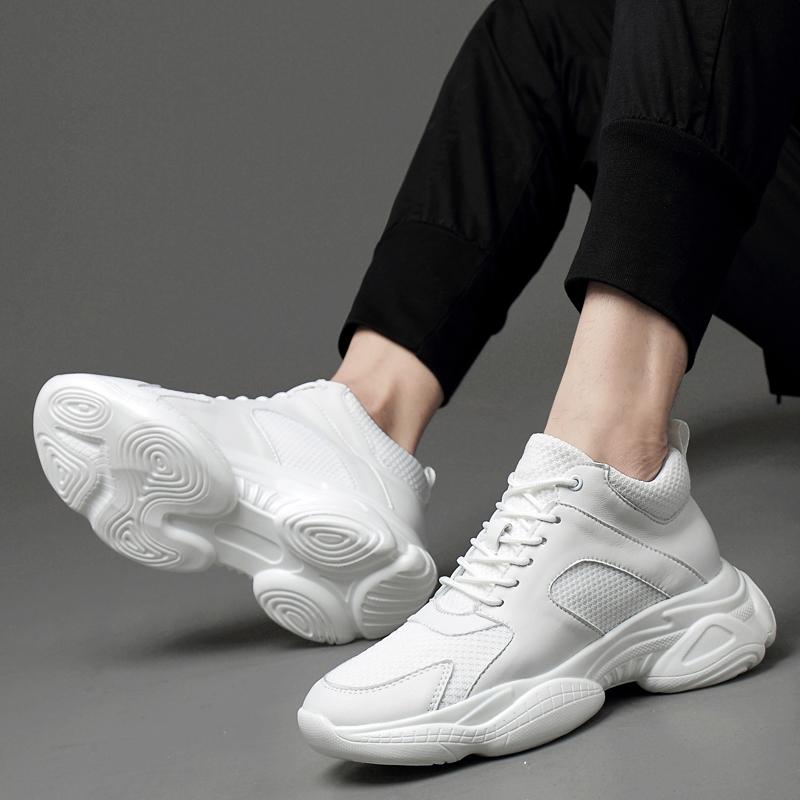 Fashion Men Mesh+Leather Elevator Sneakers 8cm Insole Height Increased Shoes Teenager Unisex Hidden Heels Inner Heightening Lift Sports