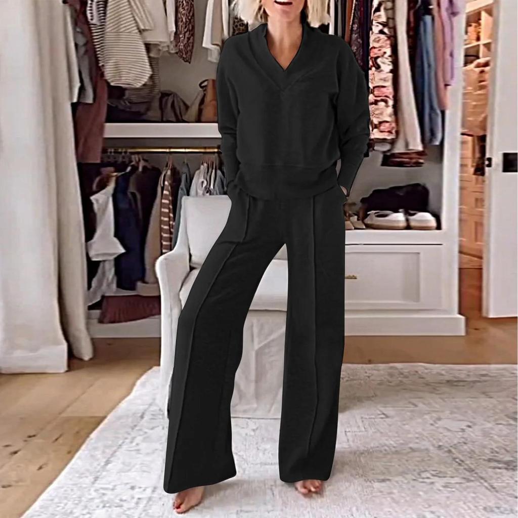 Women's Casual V-Neck Long Sleeve Loose Top Wide Leg Pants Two-Piece Set