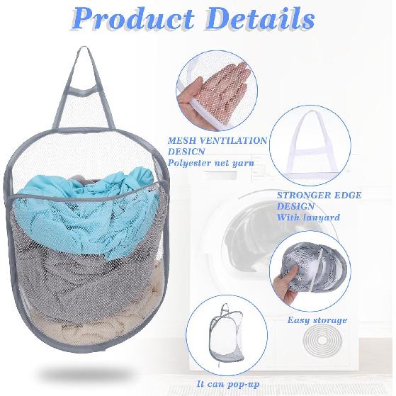 Ouligay 2Pcs Hanging Laundry Hamper Bag, Mesh Hanging Laundry Basket, Foldable Space-Saving Laundry Organizer, Grey & White, Polyester, Portable,