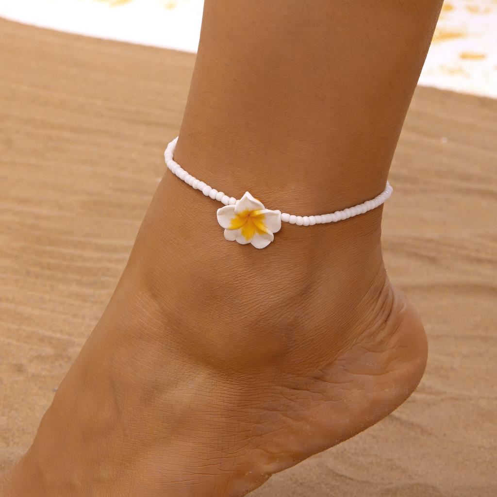 Bohemian Handmade Rice Beads Polymer Clay Flower Anklet for Women Summer Beach Bright Color Egg Flowers Ankle Bracelet Jewelry