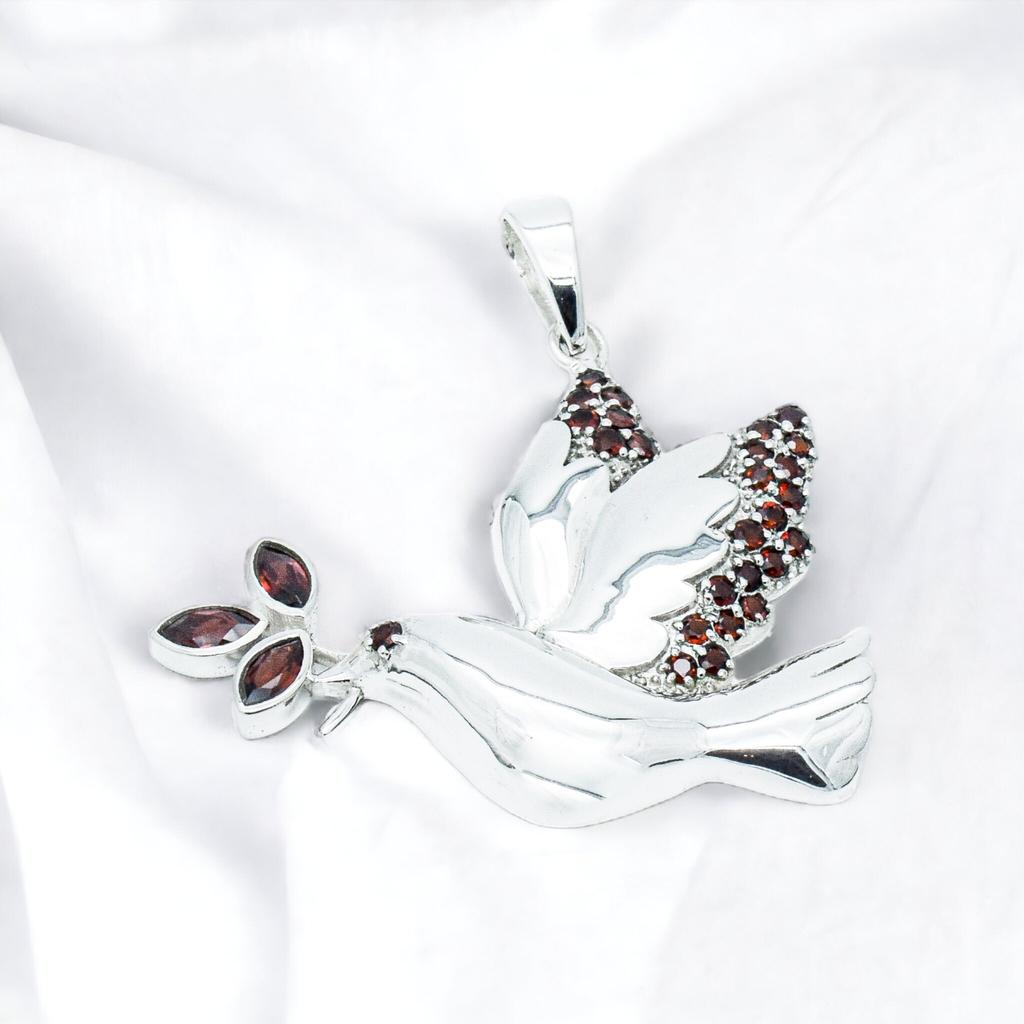 Sterling Silver Dove Pendant Necklace: Garnet Bird Jewelry