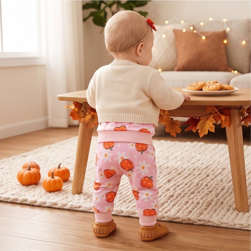 Baby Girls Halloween Pumpkin Embroidery Pullover Neck Long Sleeve Sweatshirt with Elastic Waist Flare Pants Set