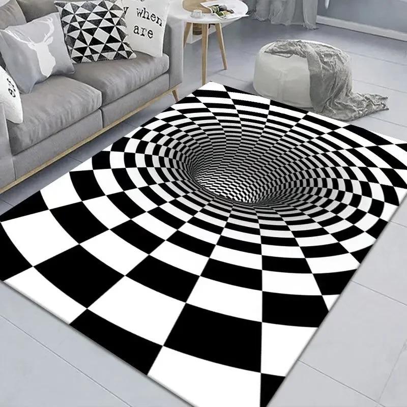 Large Size Carpet 3D Vortex Illusion Black White Rug Abstract Geometric Optical Mat Non-Slip for Bedroom Living Room Decoration