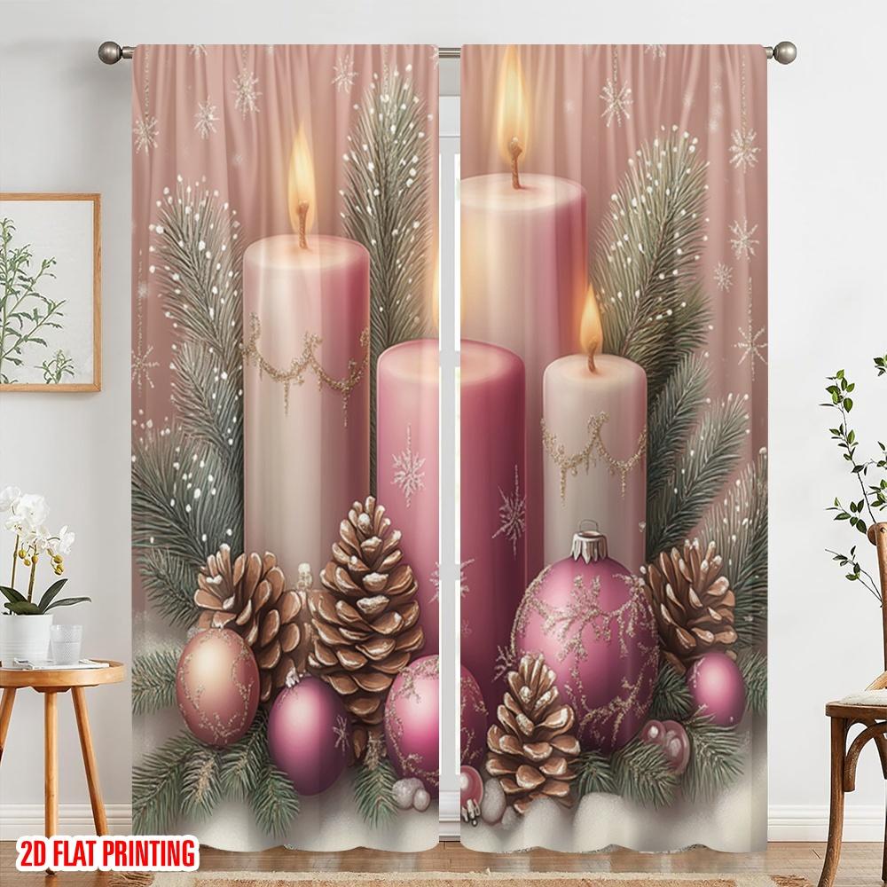 2pcs,2D Plane Printing Curtain Popular Christmas Candles Pine Cones Ornaments (3) Versatile 100% Polyester (without Rod) Outdoor