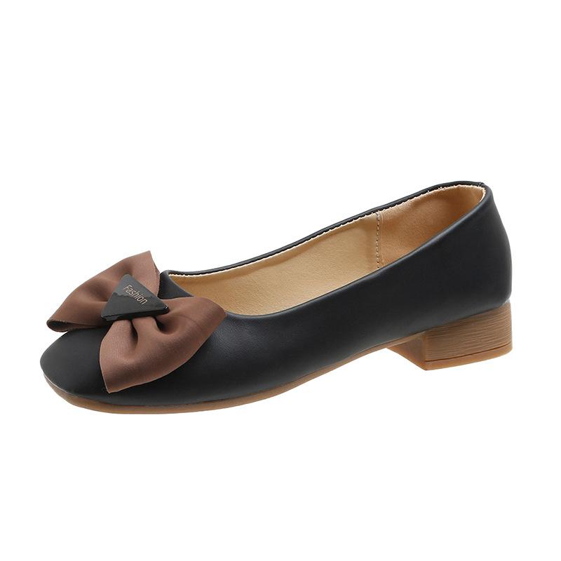2025 new Korean version soft sole soft surface low heel bow square head single shoes comfortable versatile temperament work Doudou shoes