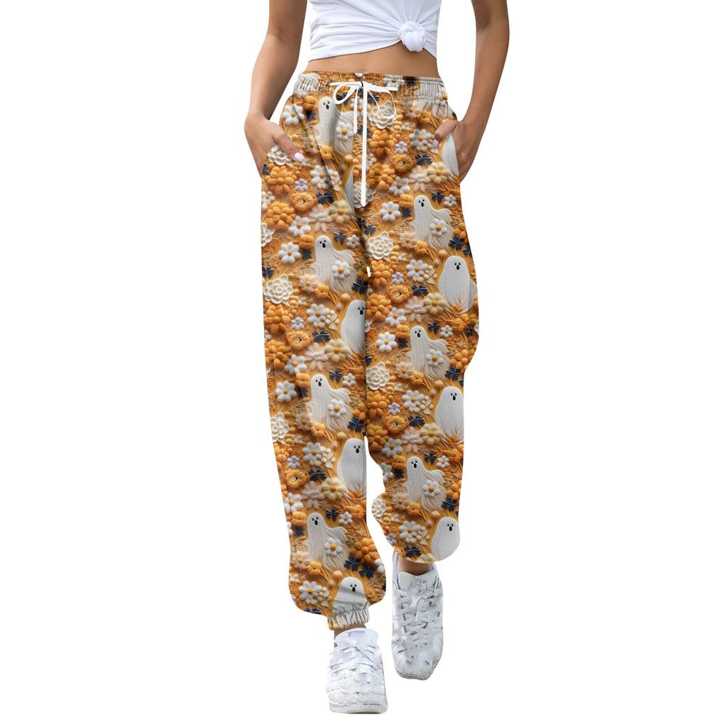 Women's Casual Fashion Halloween Print Casual Pants Sweatpants Long Pants Drawstring Elastic Waistband Cuffed Pants