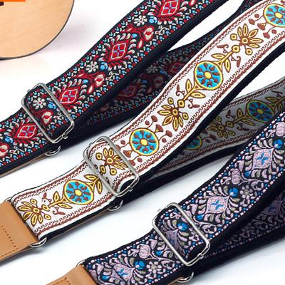 Guitar Strap Embroidered Belt Adjustable Length Vintage Jacquard Band with Leather End for Bass