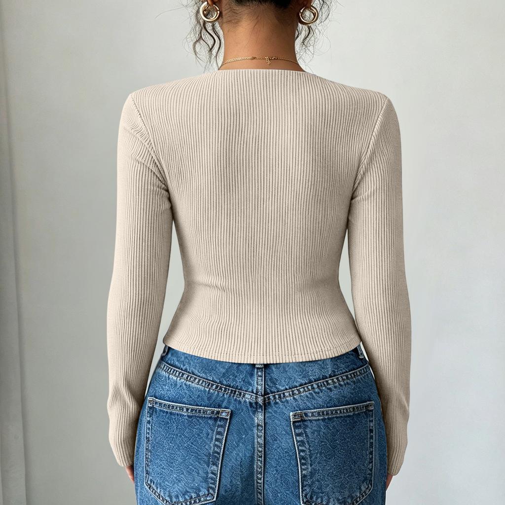 Women's Ribbed Long Sleeve Top Asymmetric Neckline Slim Fit Stretchy Knitwear Casual Pullover Shirt