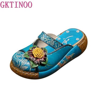 Mode GKTINOO Blumen Hausschuhe Echtes Leder Schuhe Handgemachte Pantoletten Flip Flop Auf der Plattform Clogs Für Frauen Damen Hausschuhe