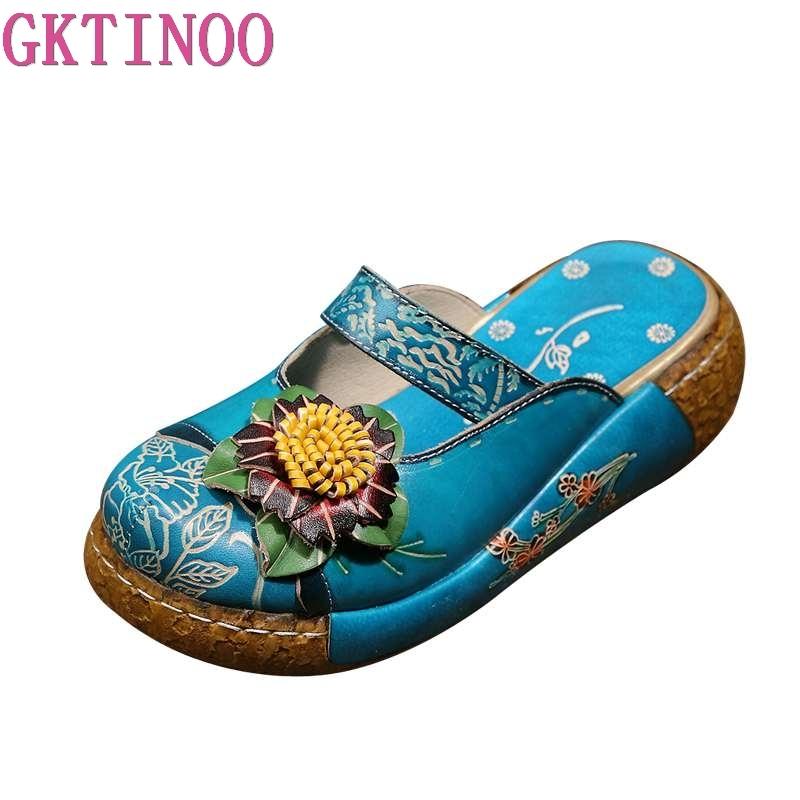 Fashion GKTINOO Flower Slippers Genuine Leather Shoes Handmade Slides Flip Flop On The Platform Clogs For Women Woman Slippers