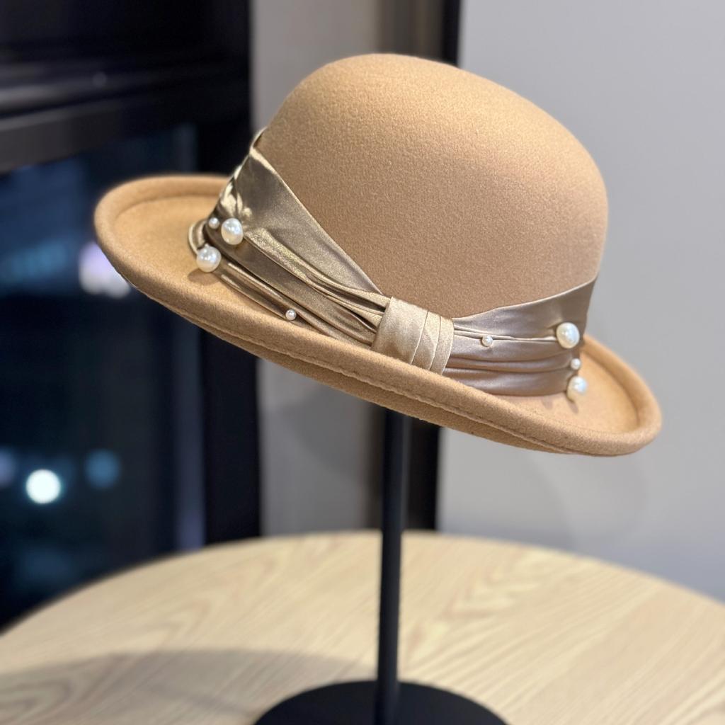 Pearl Hat Basin Hat Retro Hepburn Style Small Brim Fisherman Hat High End Elegant Lady's Woolen Hat