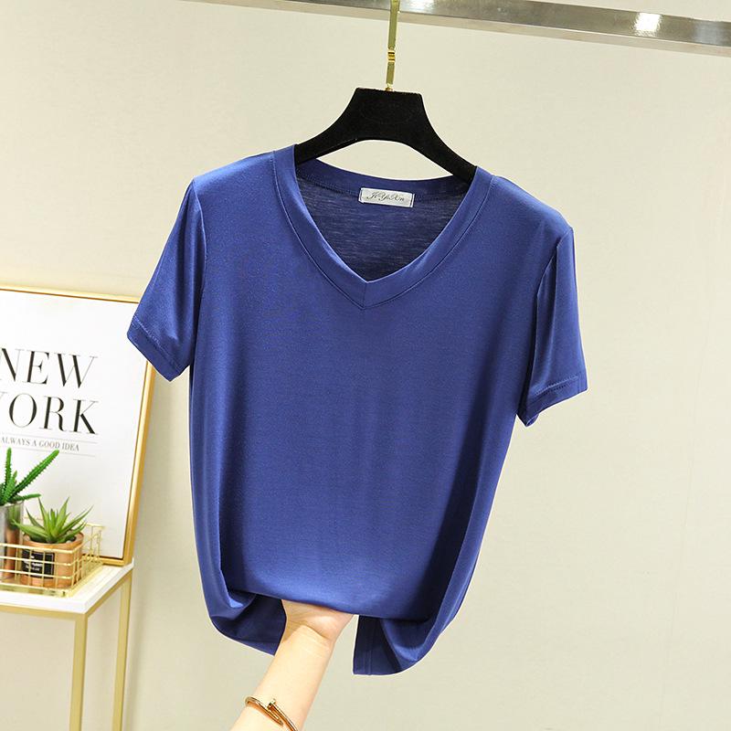 New Summer V-Neck Women's Loose Fit Modal T-Shirt - Solid Color, Short Sleeve Basic Top