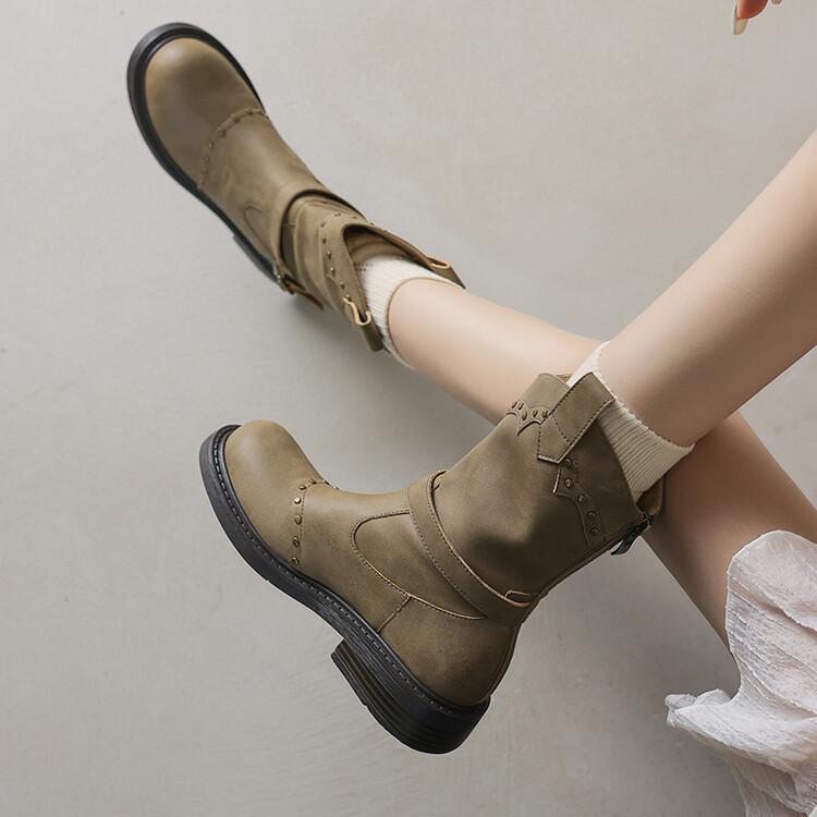 Moda Outono Inverno Couro Dividido Botas Femininas Moda Rebite Bico Redondo Sapatos para Mulheres Botins Mulher Salto Baixo Botas Western