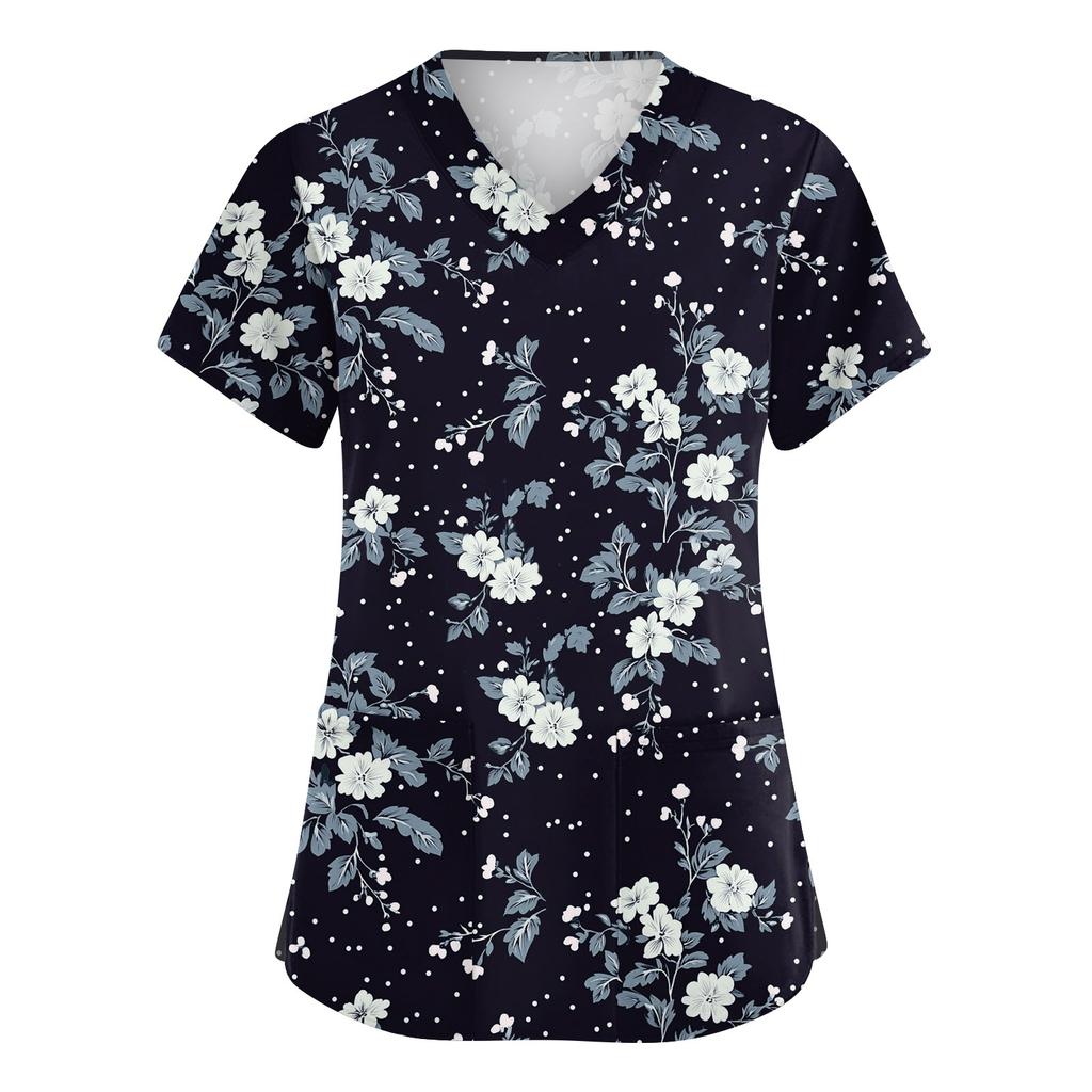 Women's Fashionable V-neck Workwear Printed Short Sleeved Pocket Side Slit Workwear Basic Pullover Top