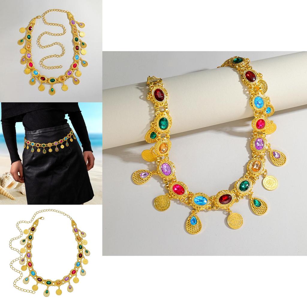 Arabic Jewelry Gold Alloy Acrylic Gem Waist Belt With Hollow Decor For Women Summer Style