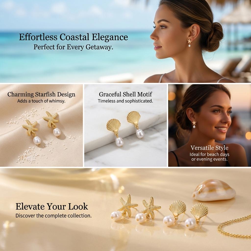 Bohemia Metal Shell Starfish Pearl Drop Earrings For Women Gold Color Sea Shell Dangle Earring Beach Party Jewelry Accessories