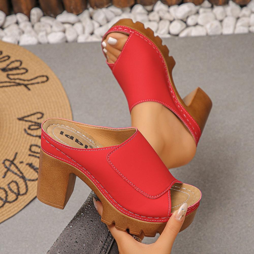 Plus Size Women Summer One Strap Thick Platform Chunky Heel Fish Mouth Slide Sandals Open Toe Height Increasing Beach Outdoor Shoes