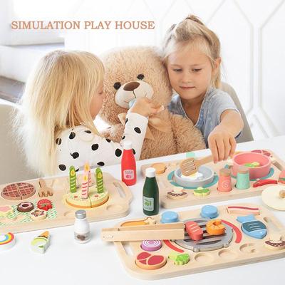 BABIBO Hölzerne 3D-Lebensmittel-Puzzles/Ausschneide- und Klebespiele/Spielhaus-Spielzeug für Kinder/Grill-Dessert-Puzzle/Mini-Küchenspielzeug