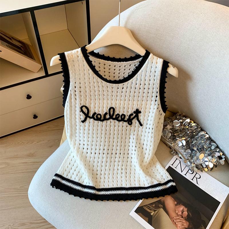 Korean Style Design Sleeveless Contrast Color Hollow Letter Knitted Vest Women S Summer Top one size