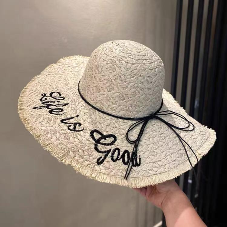 Summer bow raffia big brim straw hat women's new summer outdoor seaside beach sunshade sun hat