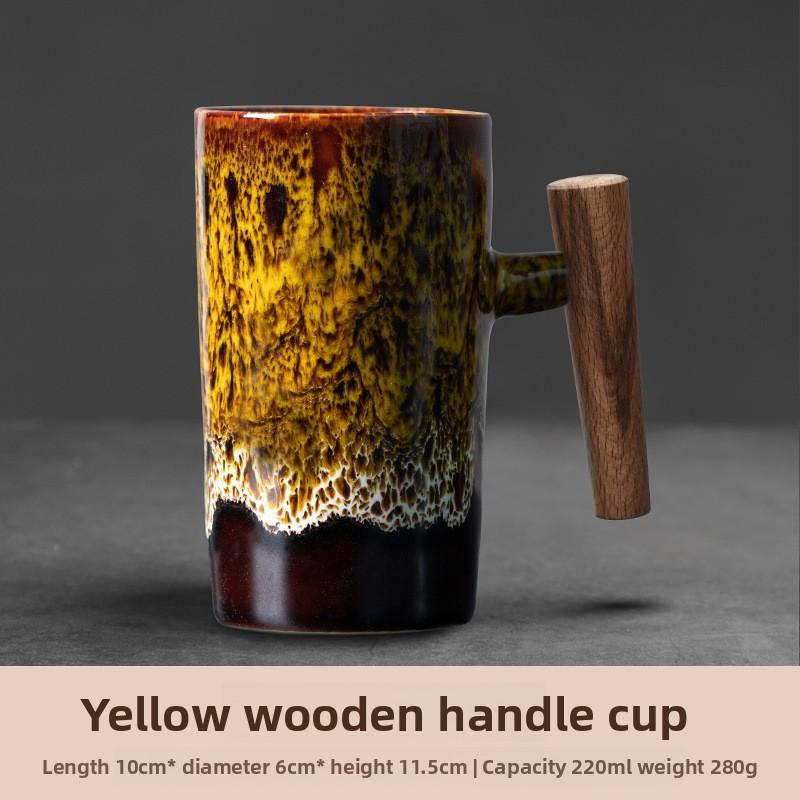 Vintage Ceramic Mug with Wooden Handle Japanese Style Coffee Cup for Couples Home Use