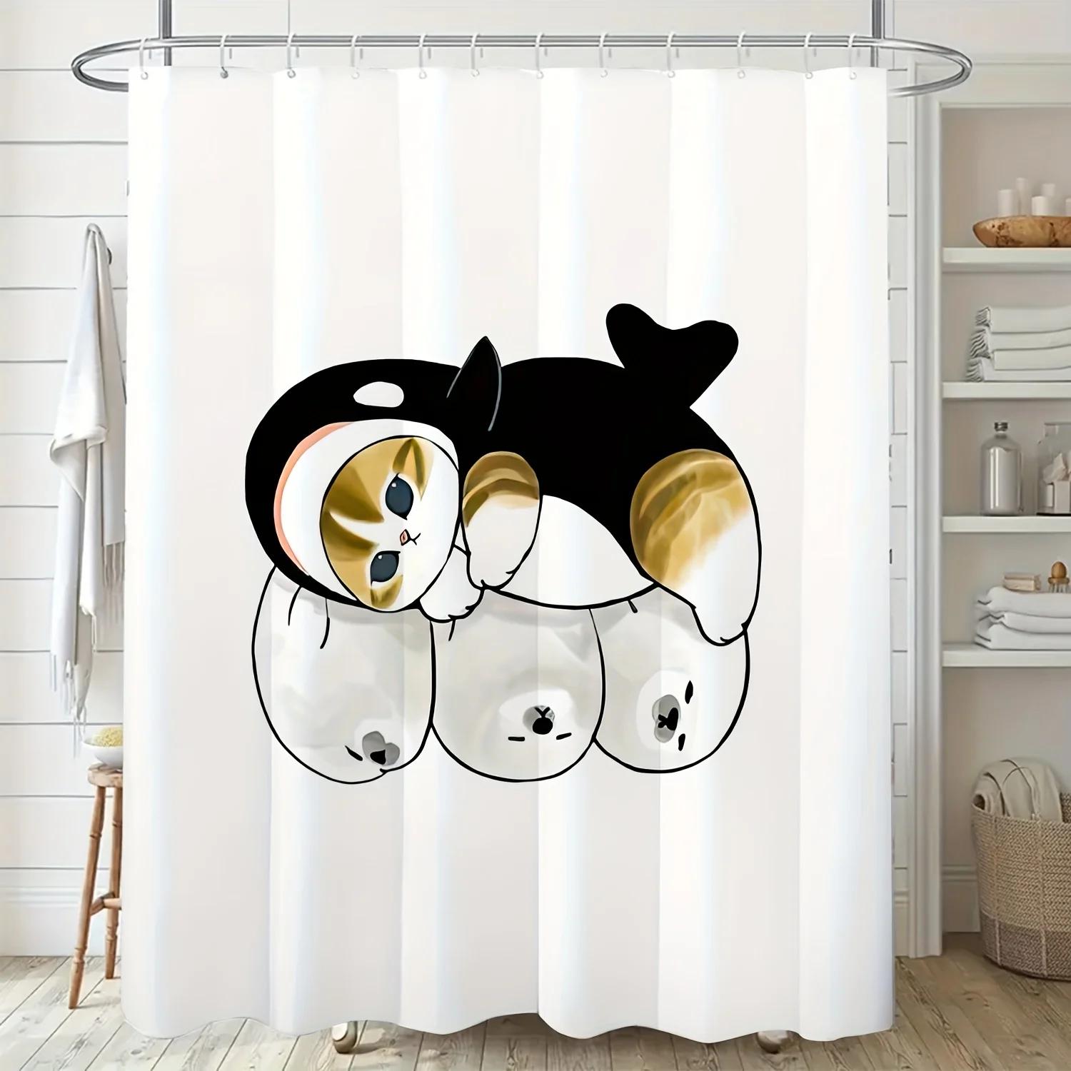 Cute Cartoon Illustration Bath Curtain - Nordic Modern Design, Waterproof Polyester, All-Season Artistic Bath Drape W60H190(CM)-1 Pcs