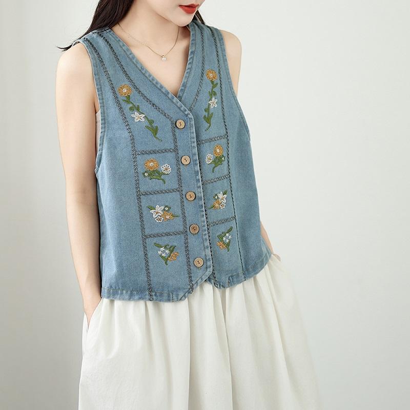 Sleevess plus size vintage embroidery floral denim vest jaket causal loose spring summer autumn women's jackets and vests