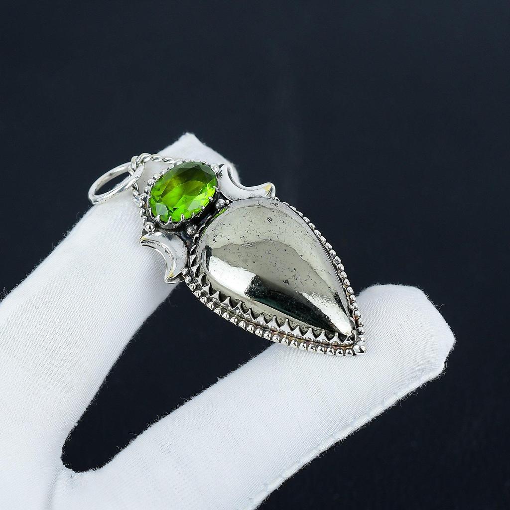 Beautiful Apache Pyrtie Golden, Peridot Gemstone Silver Pendant in 925 Sterling Silver - Handmade Design, Everyday Wear Jewelry Birthday Gift