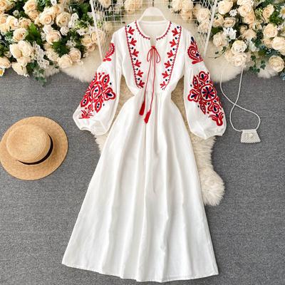Bohemian Ethnic Style Embroidered Flowers, Round Neck, Lantern Sleeves, Pleated Loose, Slimming, Versatile Long Dress for Women