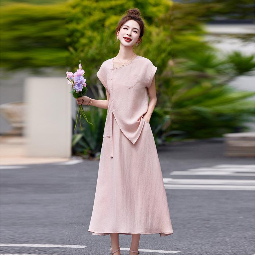 

Модный льняной комплект рубашка + юбка женский летний новый юбка носить комплект XL розовый