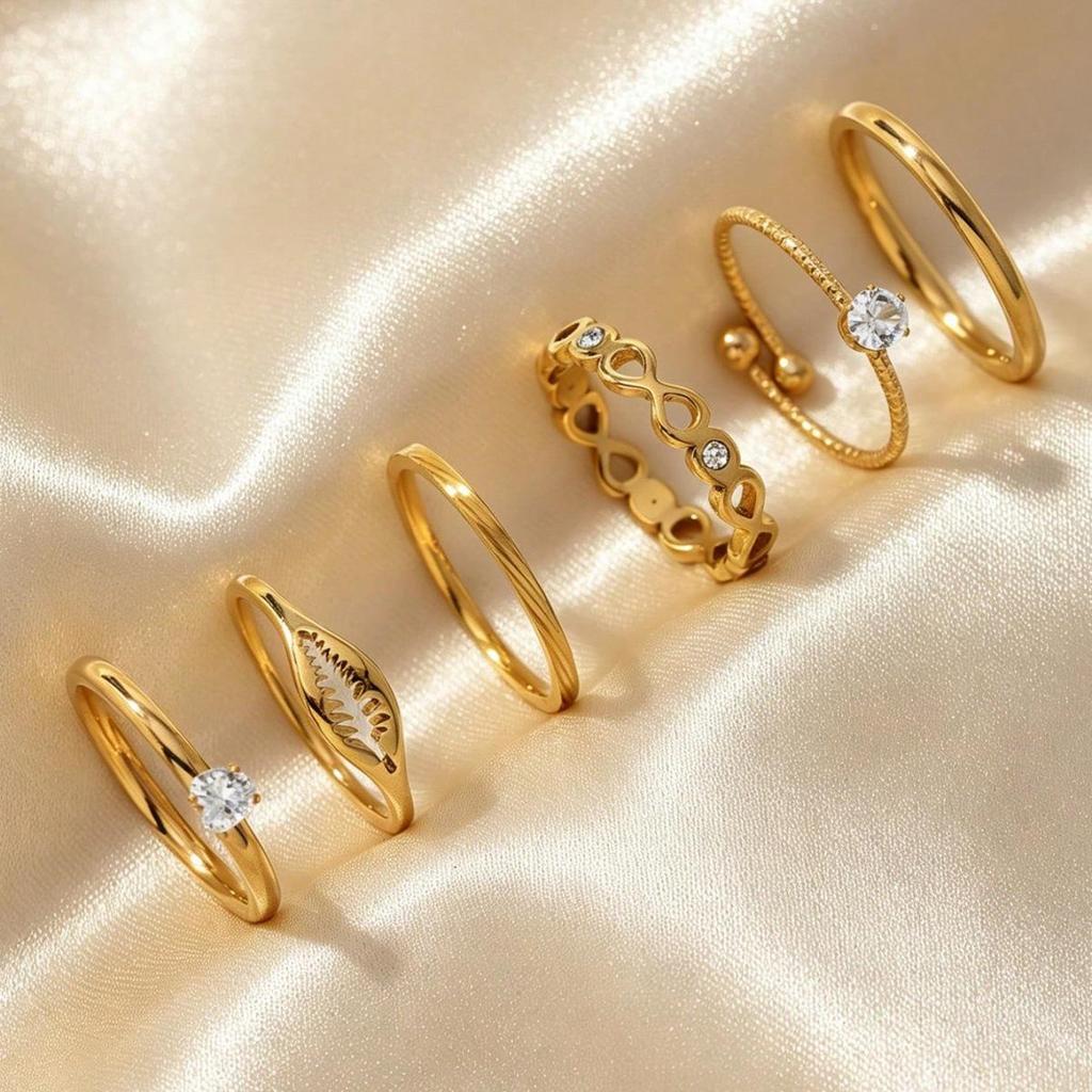 6-Piece Elegant Stainless Steel Zircon Leaf Ring Set for Women