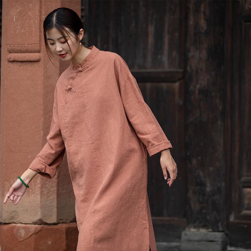 2026 Spring Chinese Style Handmade Frog Button Patchwork Slimming Zen Qipao Dress for Women