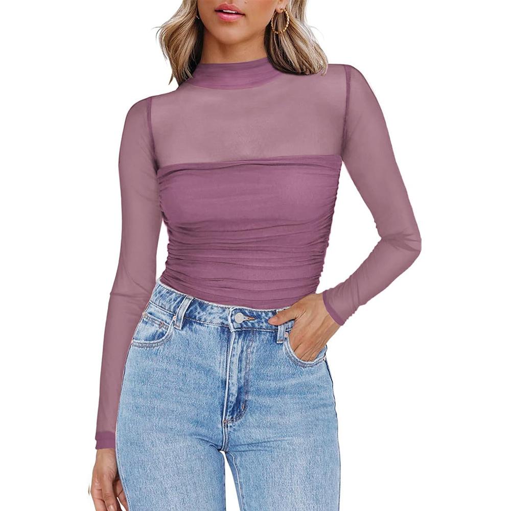 Ladies' Semi High Neck See Through Long Sleeved T-shirt with Sexy Mesh Top Shirt
