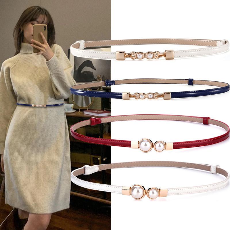 Pearl Embellished Genuine Leather Skinny Belt For Women With Silver Alloy Buckle For Dresses And Blouses