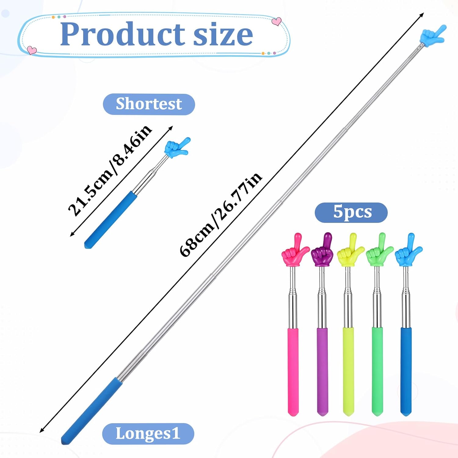 5 Pcs Telescopic Teachers Pointer, Retractable Finger Pointer Sticks Extendable Hand Pointers Stick for Elementary School Kindergarten and Teacher