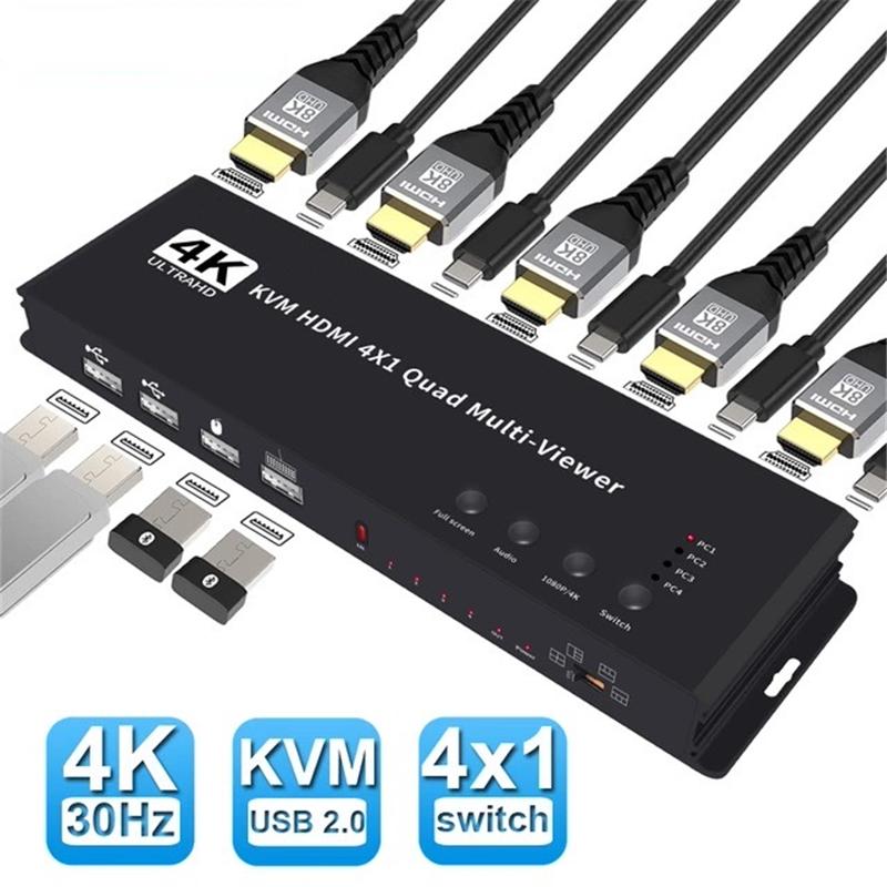 KVM HDMI 4x1 Multiviewer Switch 4K HDMI KVM 4 in 1 Out Seamless Quad Multi-viewer Video Cutting Segmentati Switcher for 4 PC