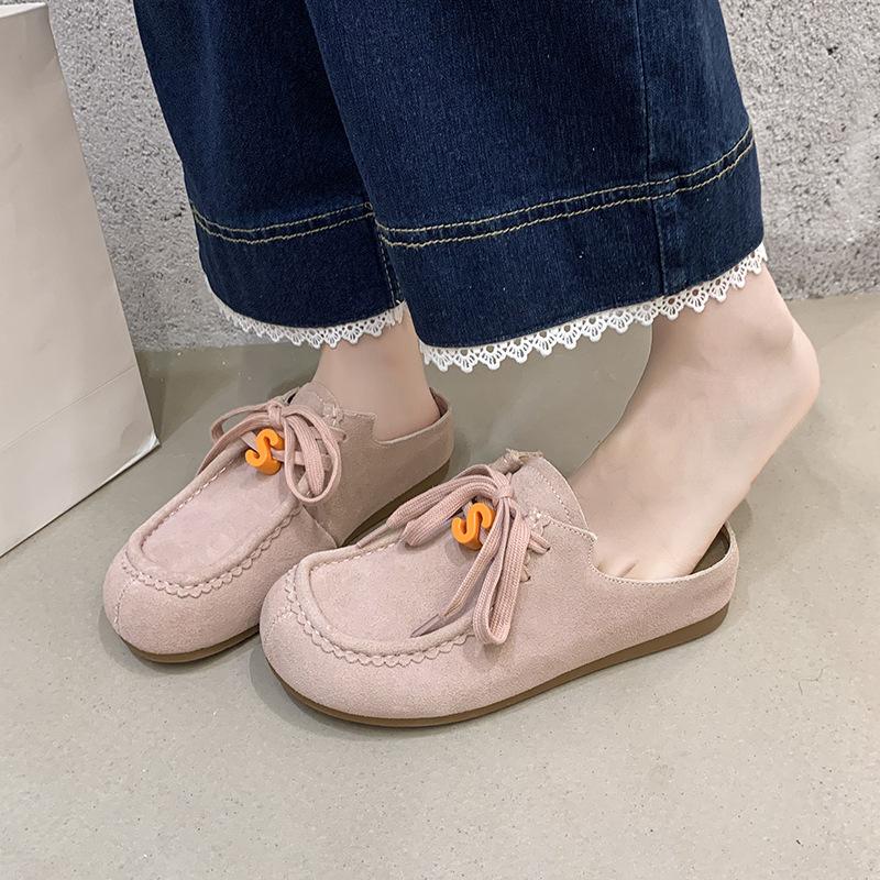 2025 autumn new round bag head solid color versatile fashion style women's one-pedal lace-up thick-soled slippers
