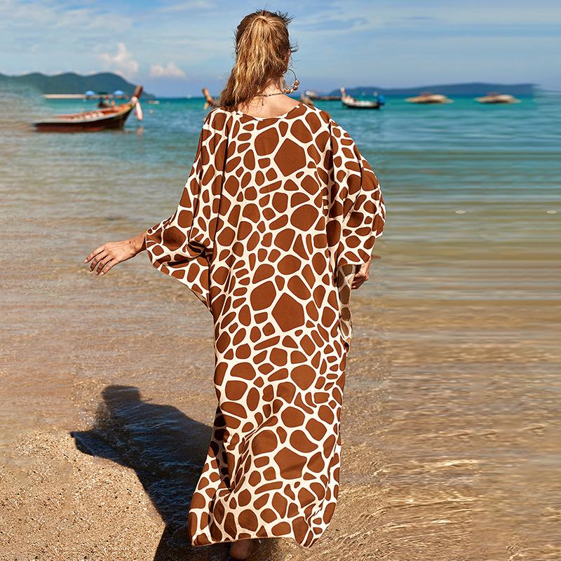 European & American Rayon Print Beach Cover-up Dress - Long, Loose Bikini Swimsuit Robe for Women