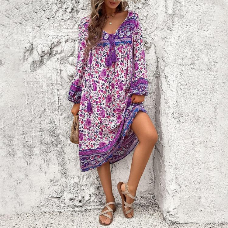 Spring Summer Casual Vacation Women Printed Long Sleeved Dress