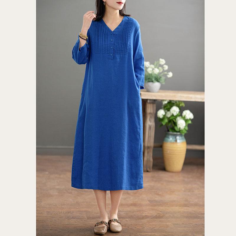 Women's Artistic Retro V-Neck Cotton Linen Dress – Single-Breasted, Casual, Five-Sleeve, Loose Fit for Summer 2025.