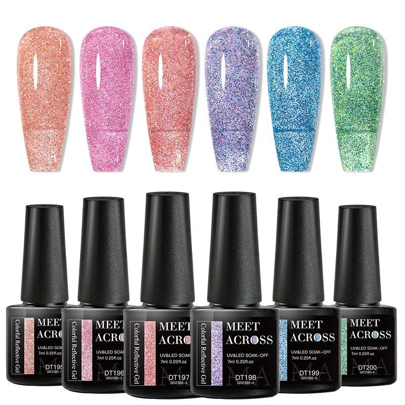 MEET ACROSS 7ml Colorful Reflective Glitter Gel Nail Polish Sparkly Glitter Shimmery Gel Soak Off Gel Polish Manicure Nail Salon Varnish